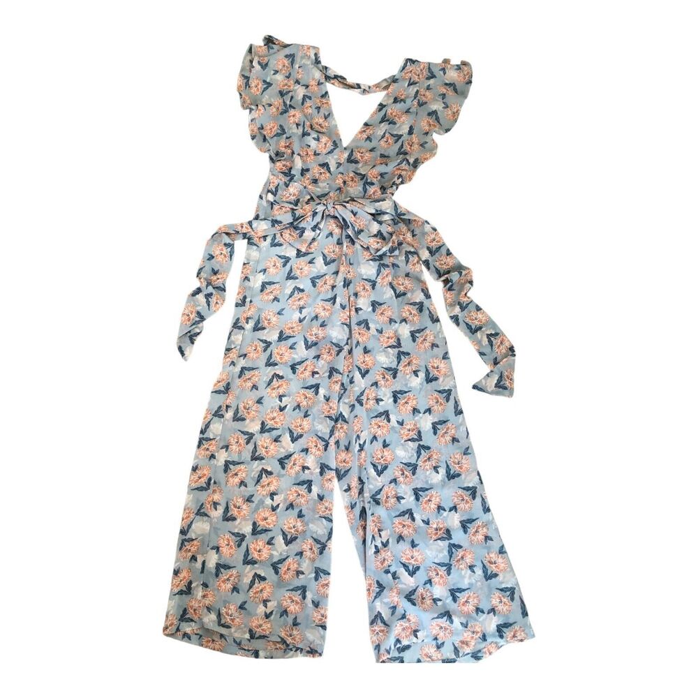 Cotton Candy LA Blue and Coral Floral‎ Open Back Tie Waist Jumpsuit Women’s Sz S